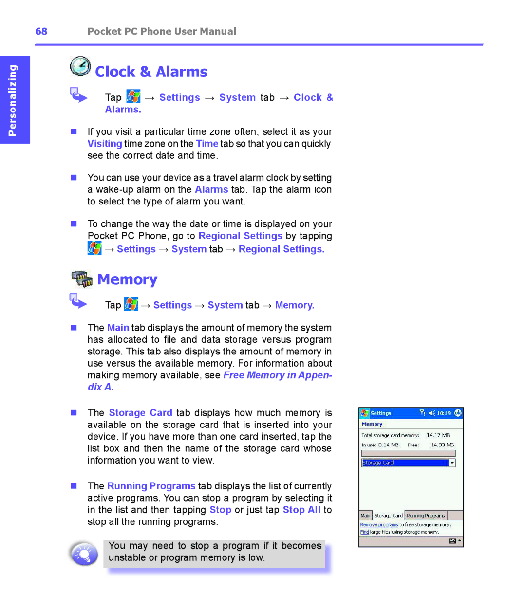 i-mate PDA2K EVDO Clock & Alarms, Tap → Settings → System tab → Clock Alarms, Tap → Settings → System tab → Memory 