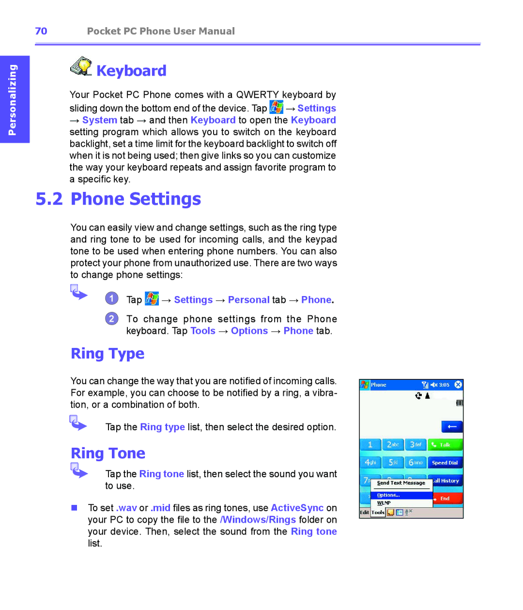 i-mate PDA2K EVDO manual Phone Settings, Keyboard, Ring Type, Ring Tone, Sliding down the bottom end of the device. Tap 