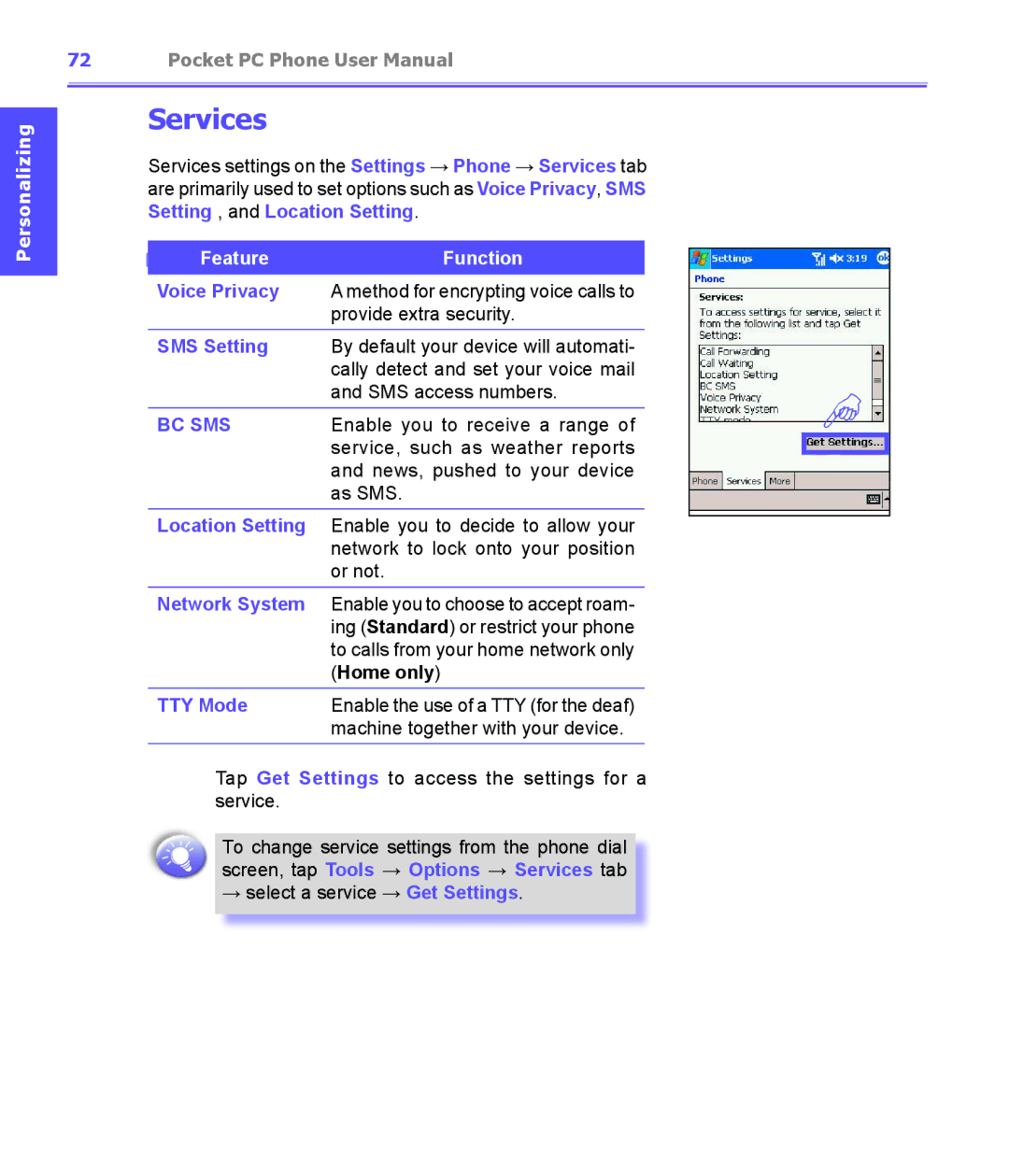 i-mate PDA2K EVDO manual Services 