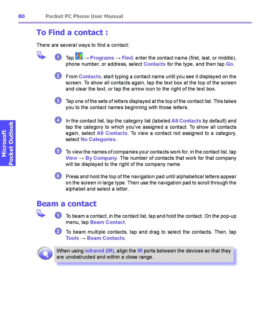 i-mate PDA2K EVDO manual To Find a contact, Beam a contact 