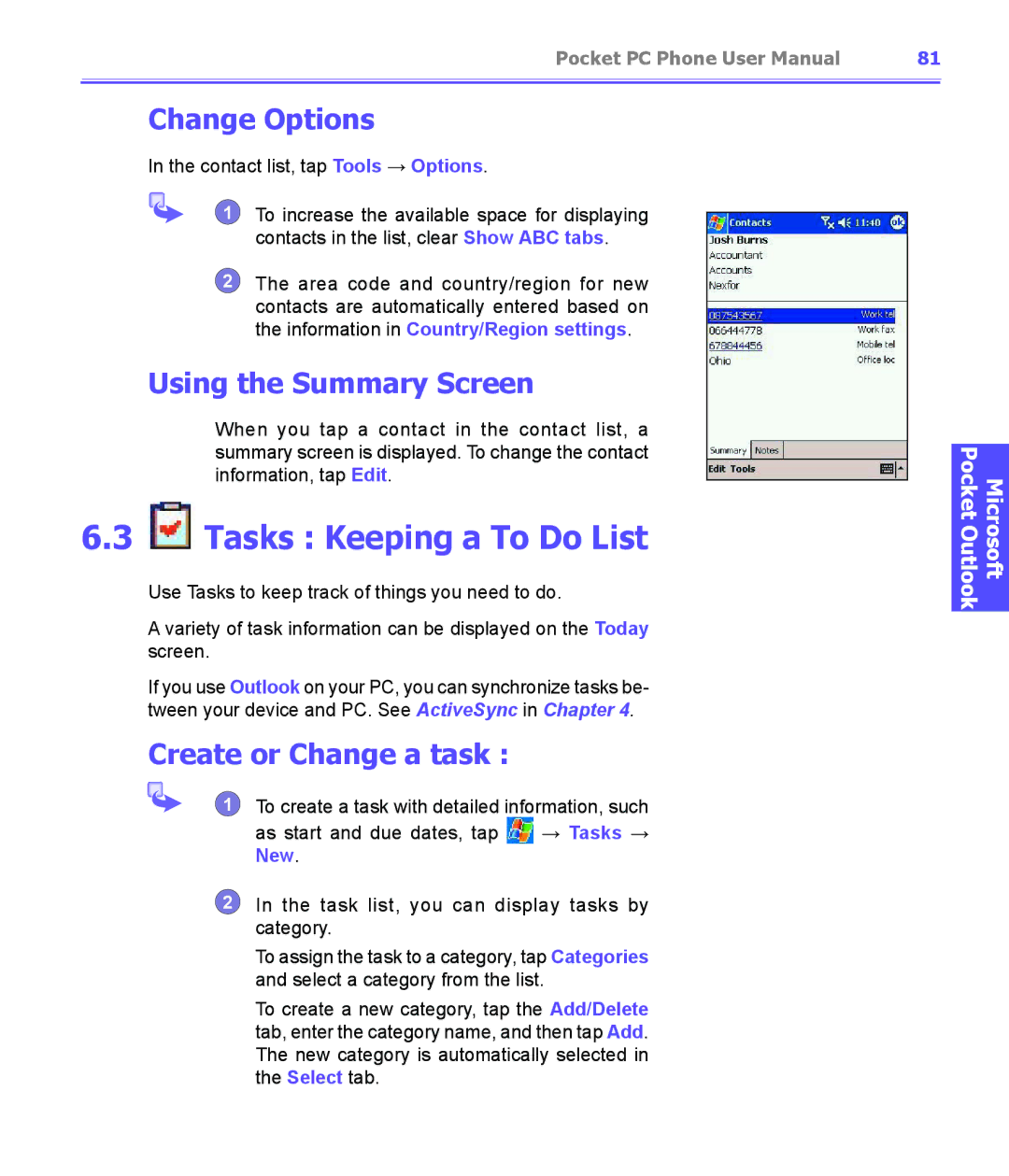 i-mate PDA2K EVDO manual Tasks Keeping a To Do List, Change Options, Using the Summary Screen, Create or Change a task 