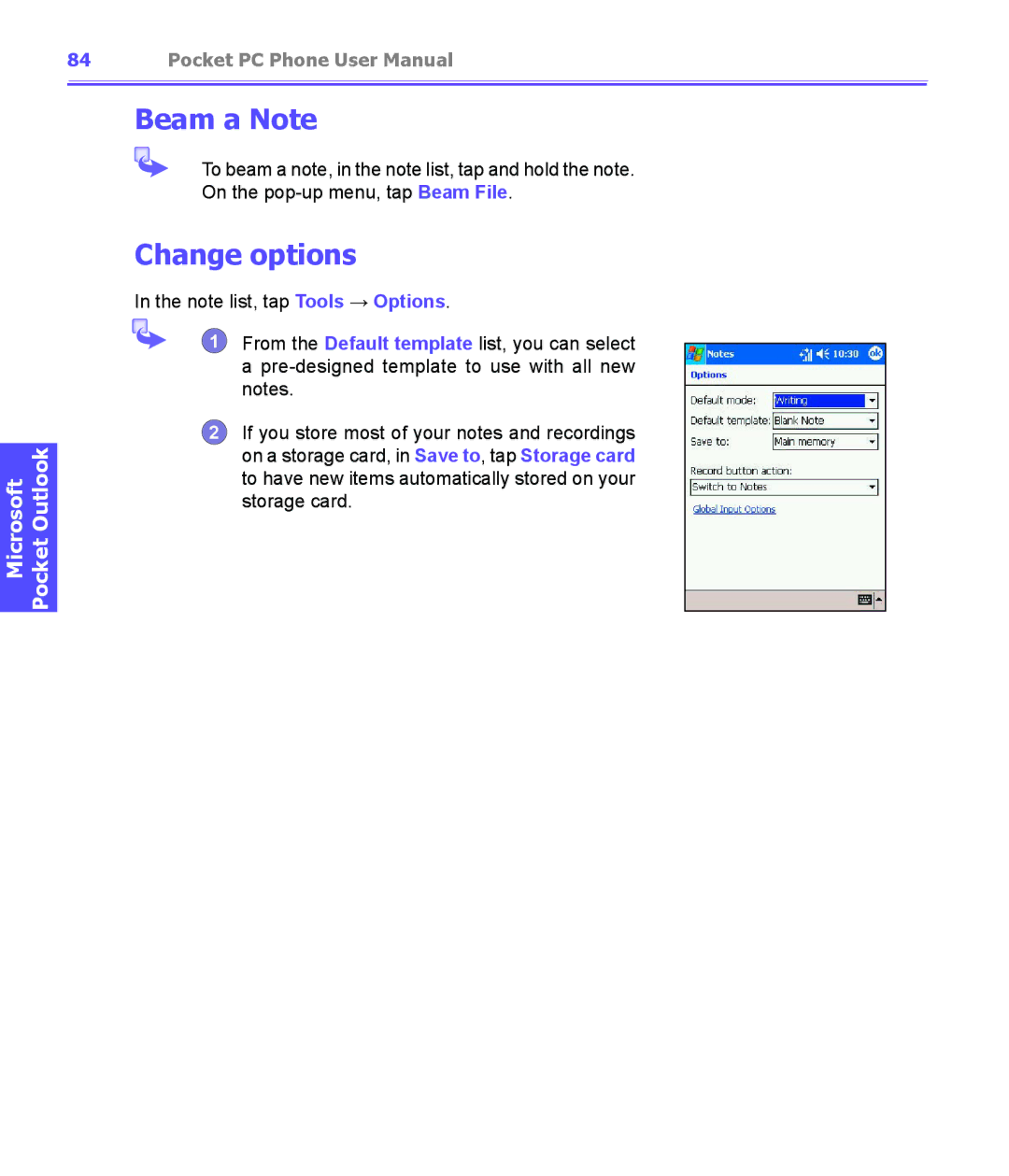 i-mate PDA2K EVDO manual Beam a Note, Change options 