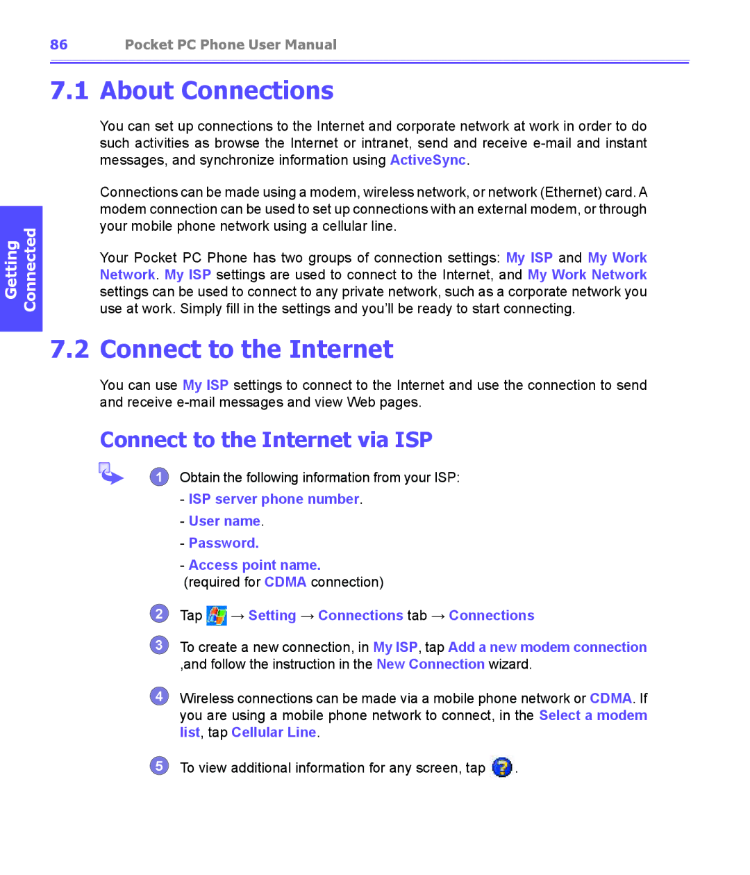 i-mate PDA2K EVDO About Connections, Connect to the Internet via ISP, Tap → Setting → Connections tab → Connections 