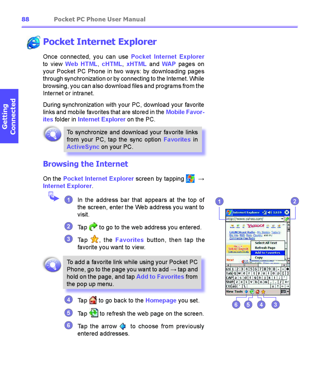 i-mate PDA2K EVDO manual Browsing the Internet, On the Pocket Internet Explorer screen by tapping 