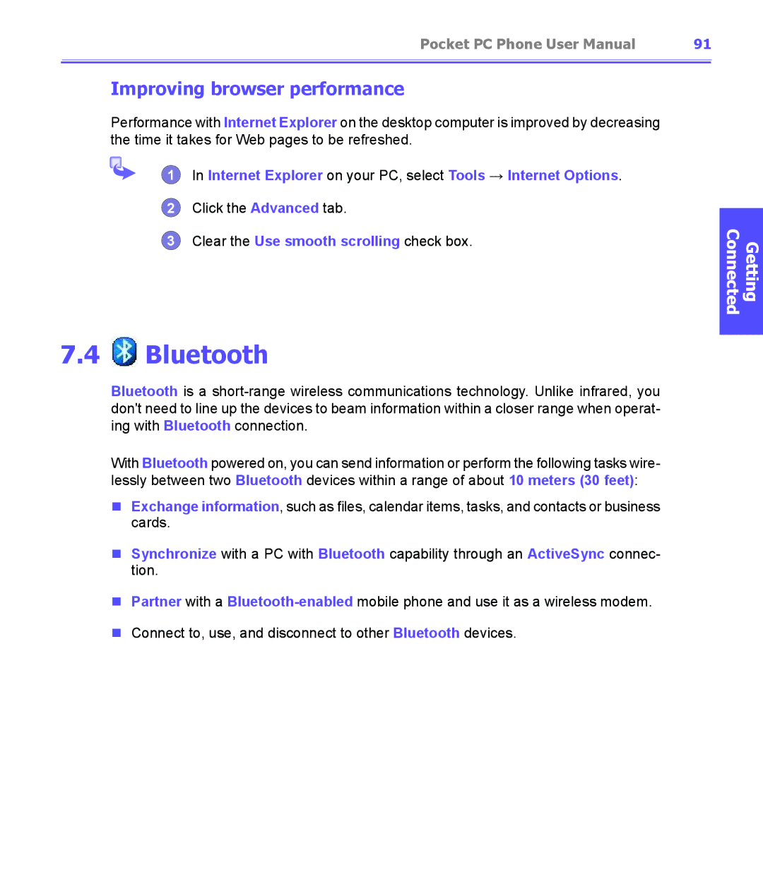 i-mate PDA2K EVDO manual Bluetooth, Improving browser performance, Clear the Use smooth scrolling check box 