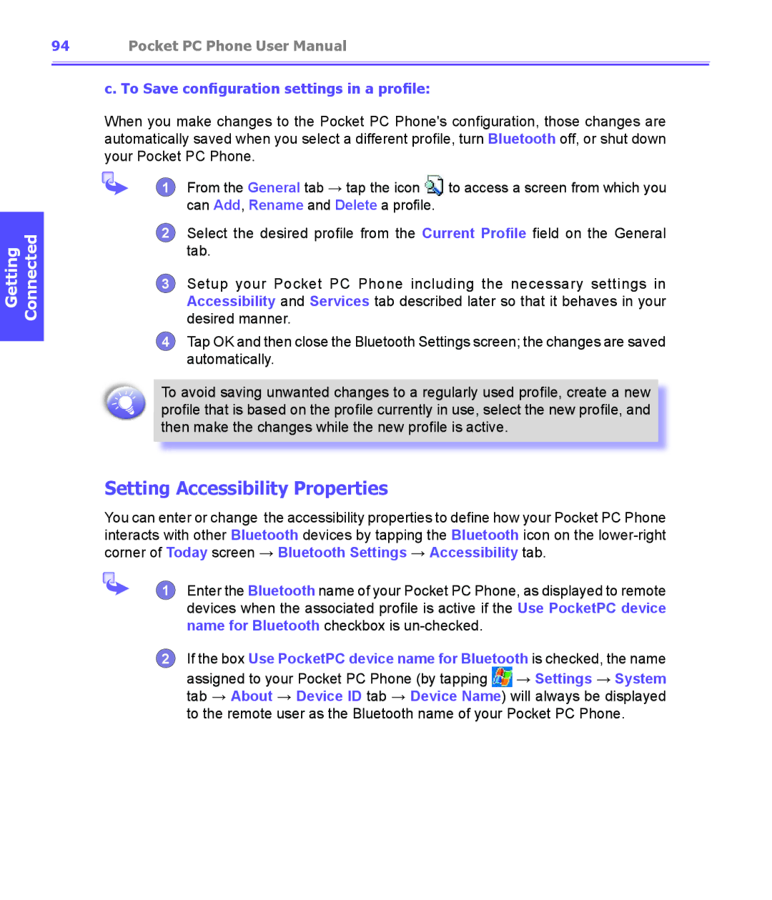 i-mate PDA2K EVDO manual Setting Accessibility Properties, To Save configuration settings in a profile 