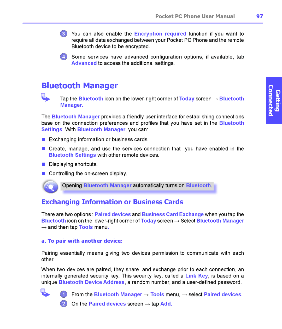 i-mate PDA2K EVDO manual Bluetooth Manager, Exchanging Information or Business Cards, To pair with another device 