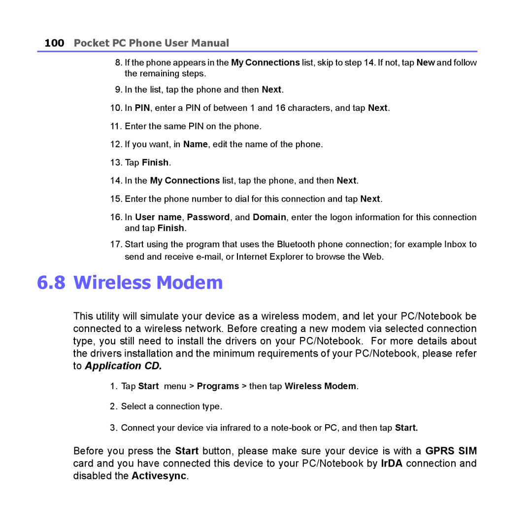 i-mate PM10A manual Tap Start menu Programs then tap Wireless Modem 