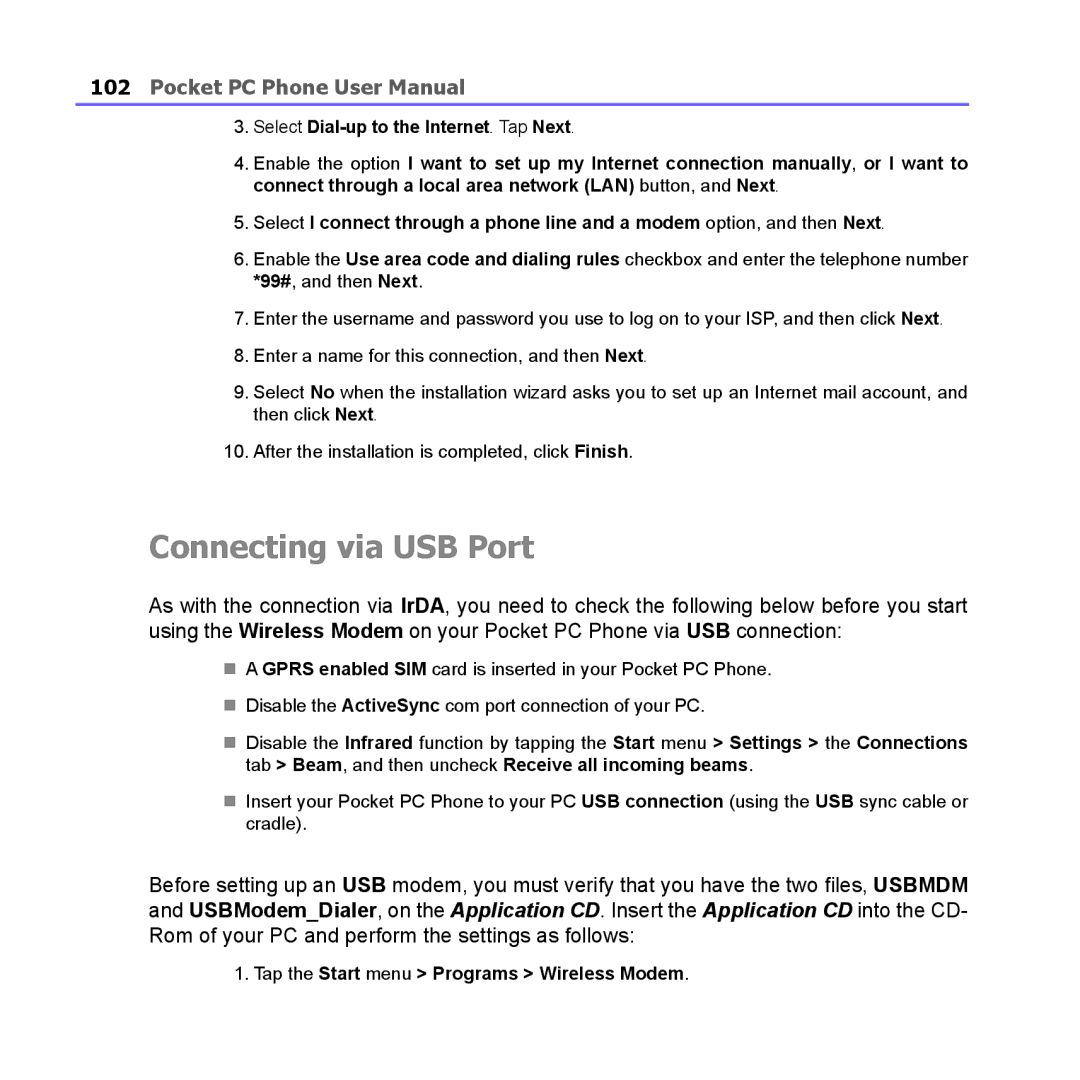 i-mate PM10A manual Connecting via USB Port, Tap the Start menu Programs Wireless Modem 