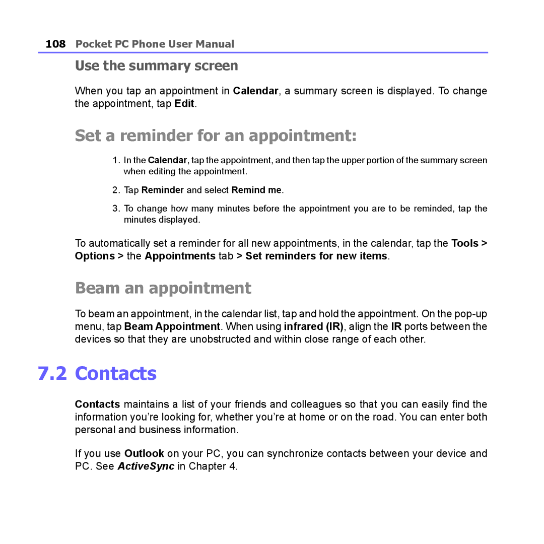 i-mate PM10A manual Contacts, Set a reminder for an appointment, Beam an appointment, Use the summary screen 