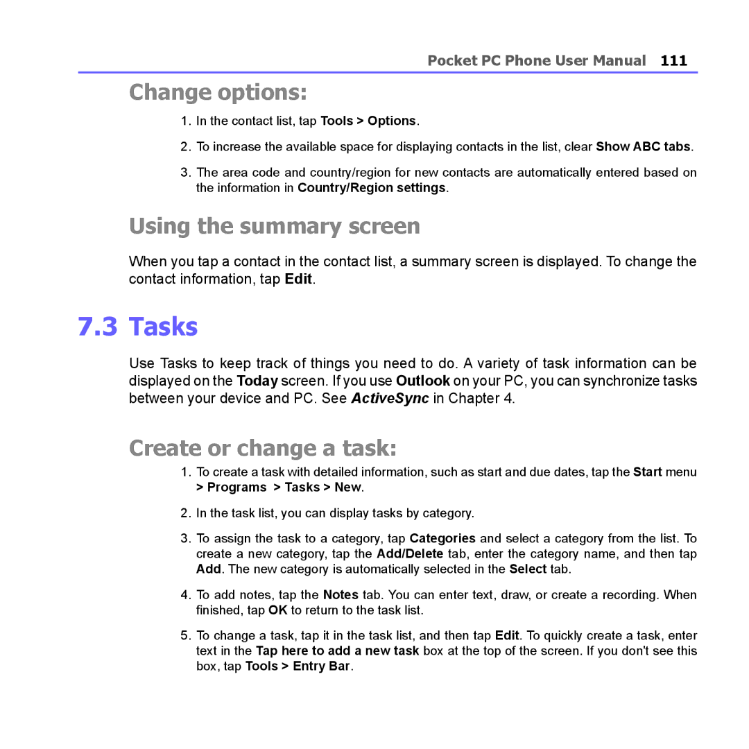 i-mate PM10A manual Tasks, Change options, Using the summary screen, Create or change a task 