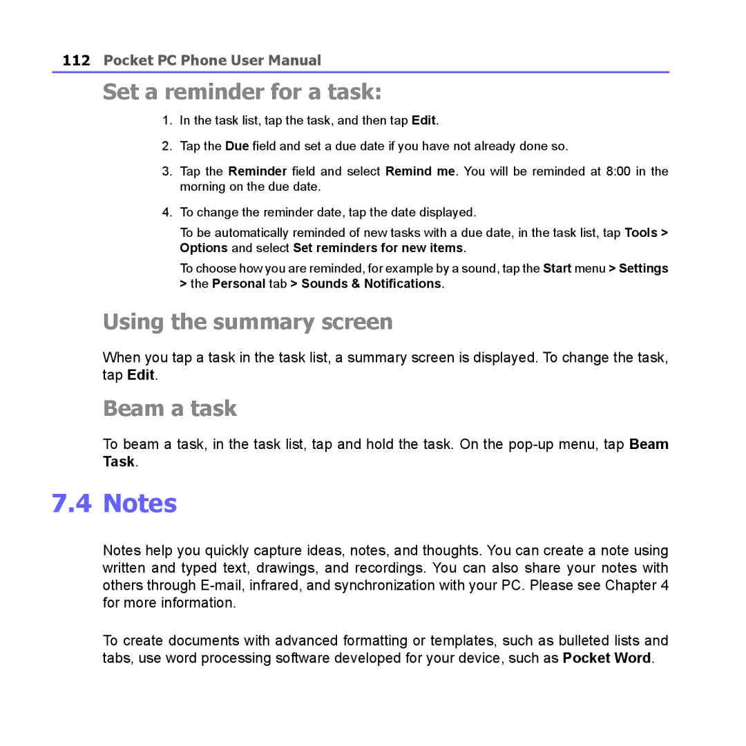 i-mate PM10A manual Set a reminder for a task, Beam a task 