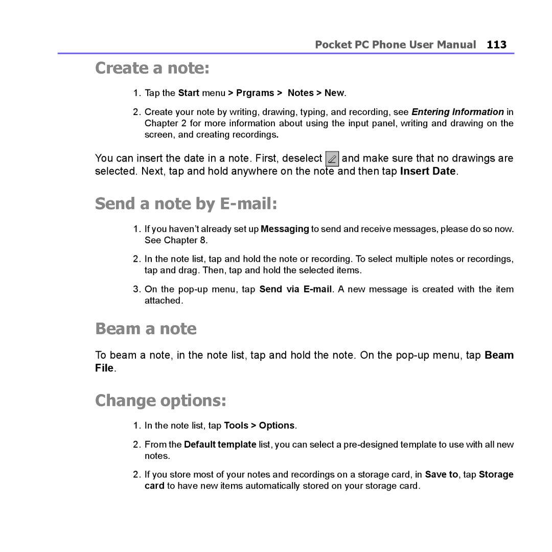 i-mate PM10A manual Create a note, Send a note by E-mail, Beam a note, File, Tap the Start menu Prgrams Notes New 