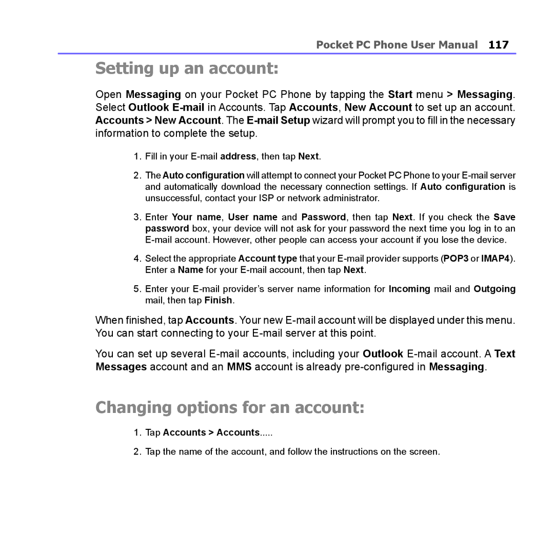 i-mate PM10A manual Setting up an account, Changing options for an account, Tap Accounts Accounts 