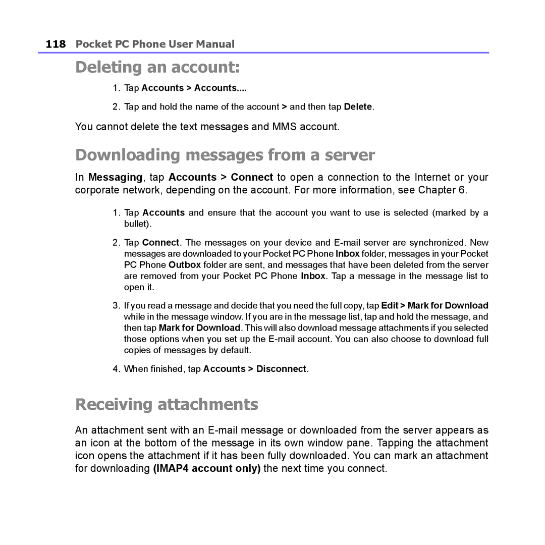 i-mate PM10A manual Deleting an account, Downloading messages from a server, Receiving attachments 