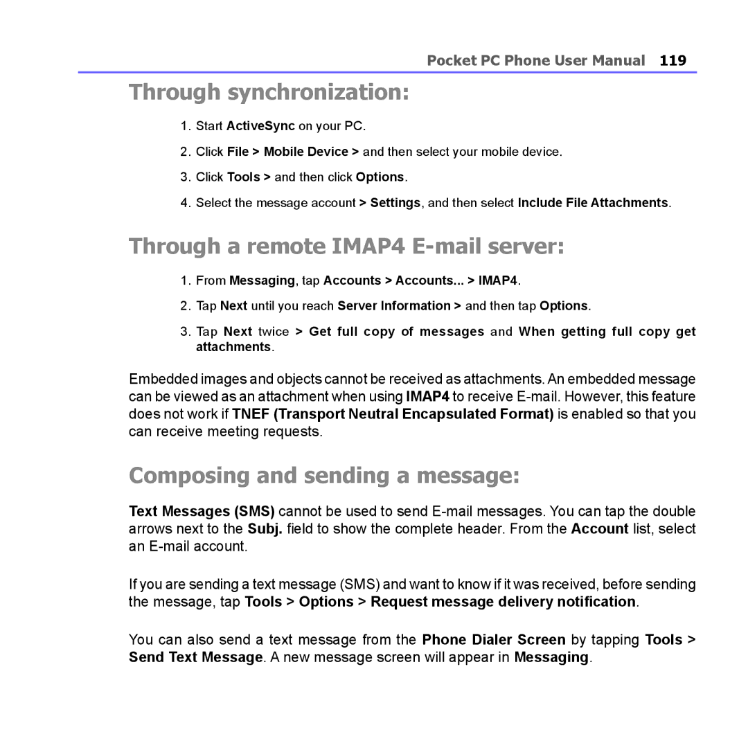 i-mate PM10A manual Through synchronization, Through a remote IMAP4 E-mail server, Composing and sending a message 