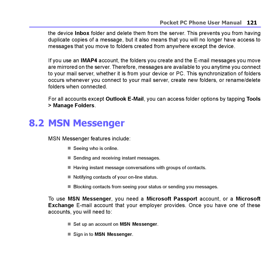 i-mate PM10A manual Manage Folders, Sign in to MSN Messenger 