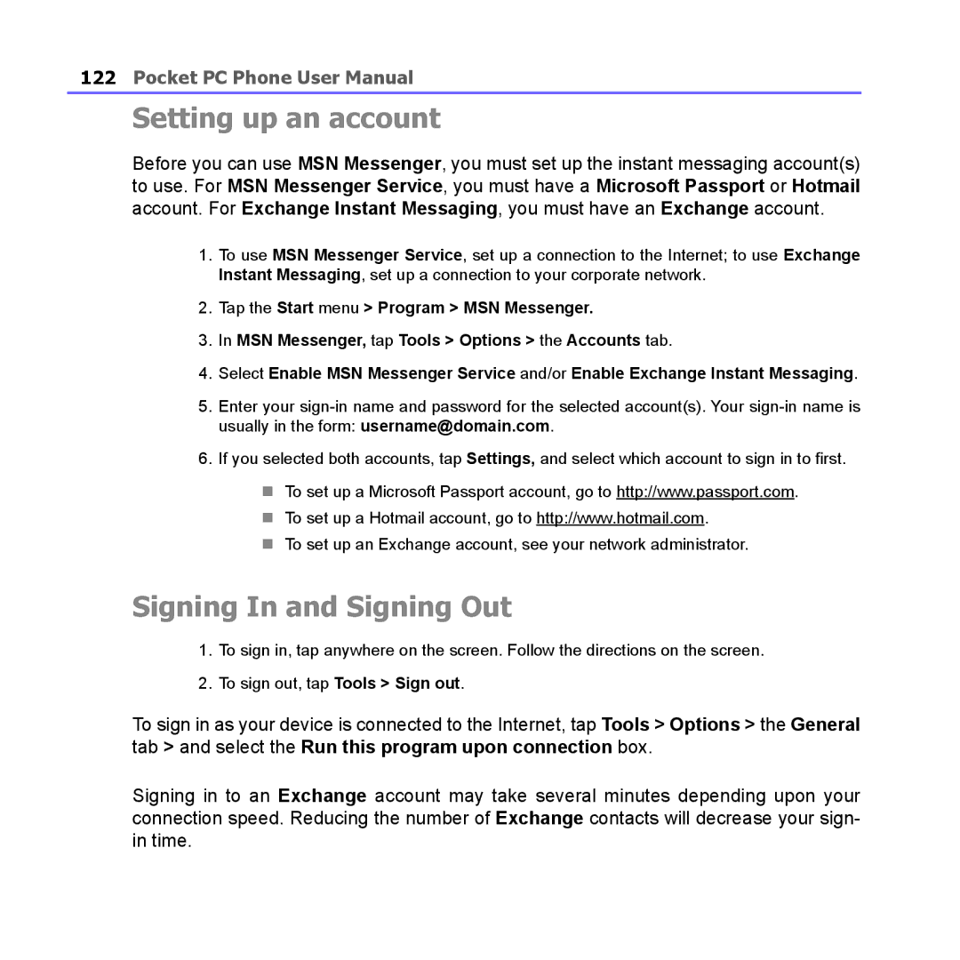 i-mate PM10A manual Setting up an account, Signing In and Signing Out 