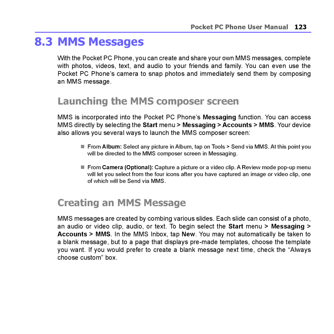 i-mate PM10A manual MMS Messages, Launching the MMS composer screen, Creating an MMS Message 