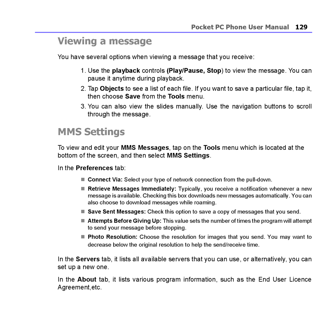 i-mate PM10A manual Viewing a message, MMS Settings, Preferences tab 