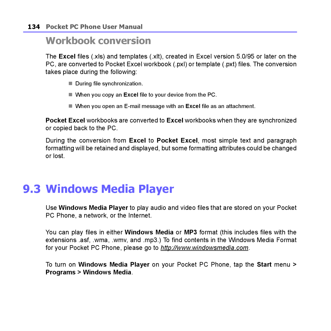 i-mate PM10A manual Windows Media Player, Workbook conversion 