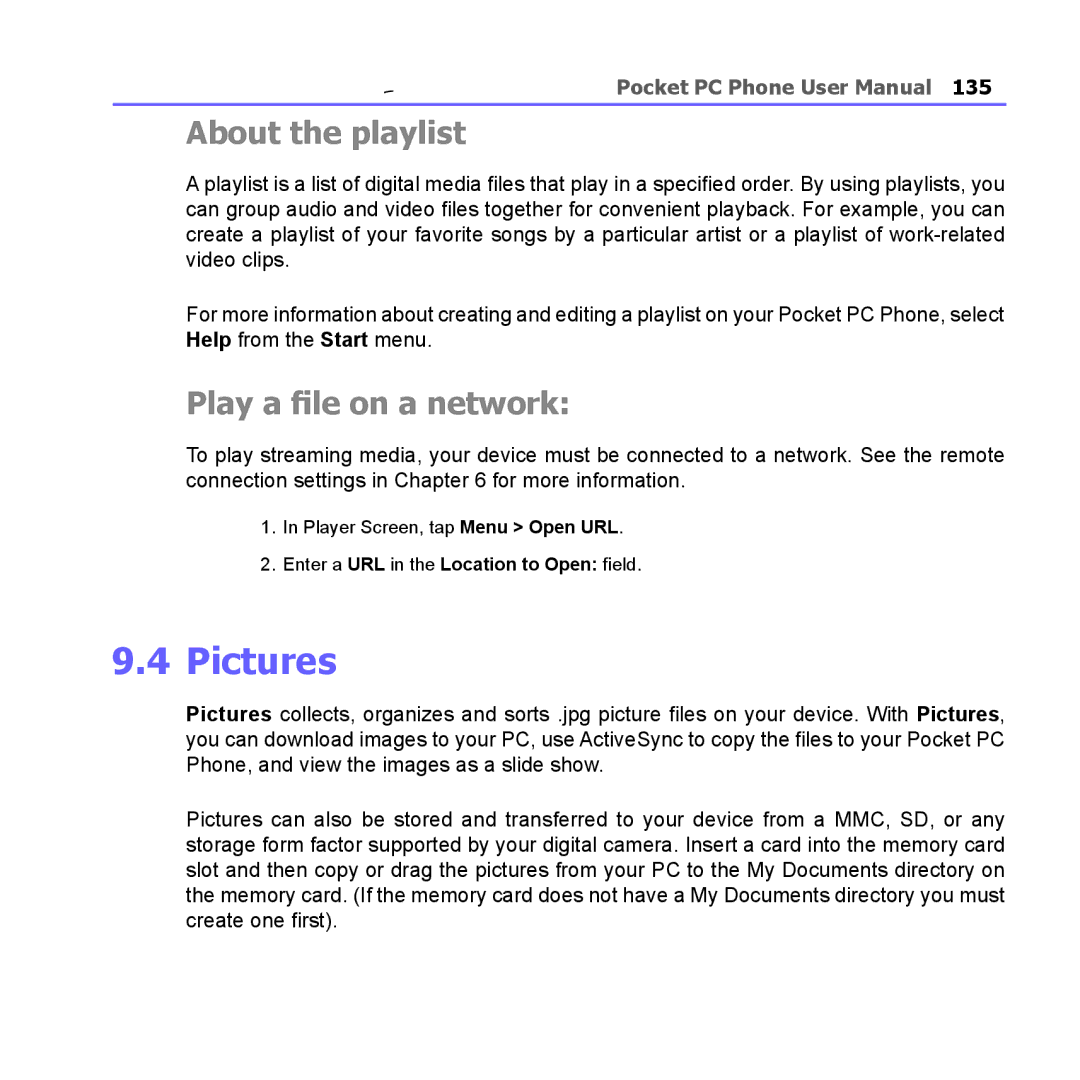 i-mate PM10A manual Pictures, About the playlist, Play a file on a network, Enter a URL in the Location to Open field 