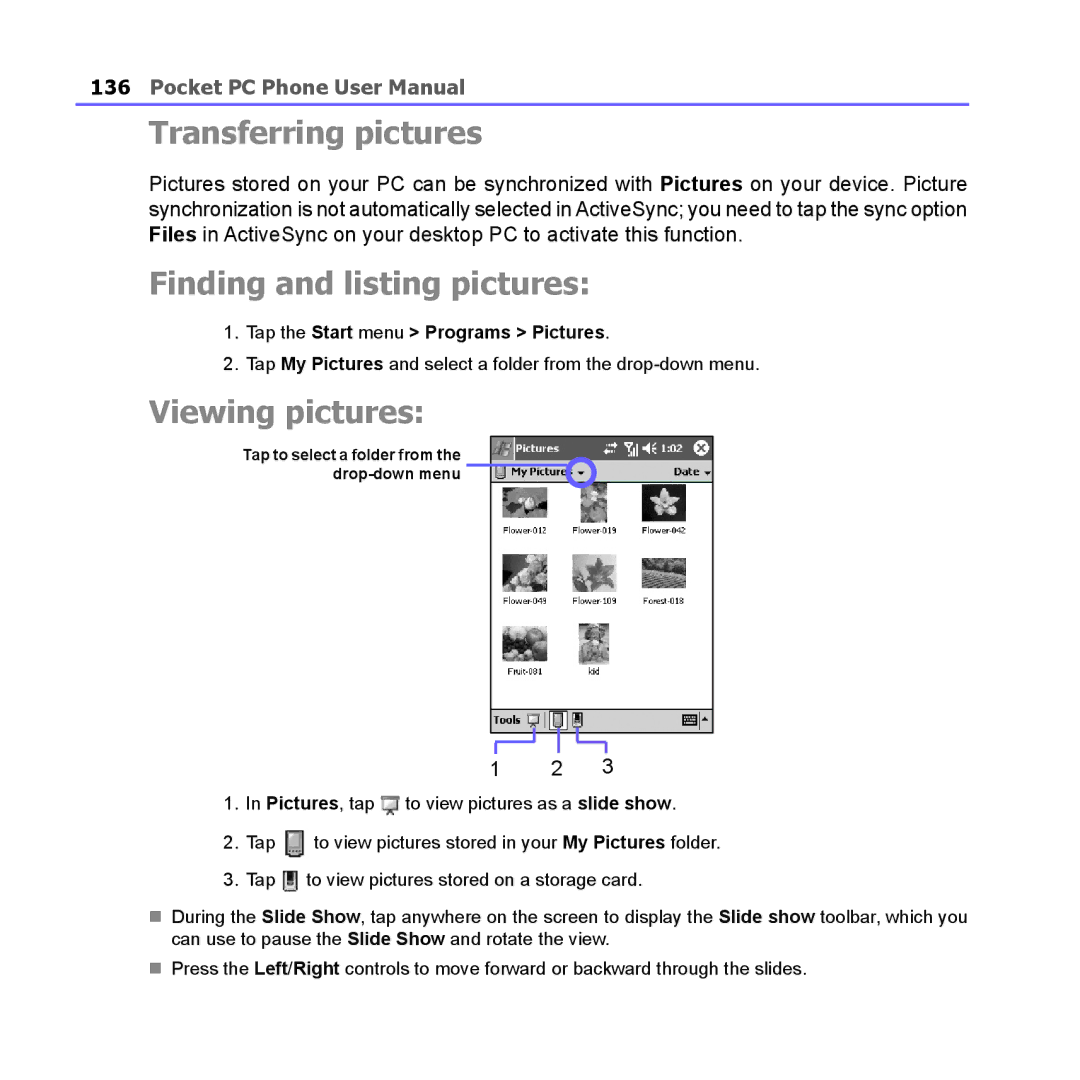 i-mate PM10A Transferring pictures, Finding and listing pictures, Viewing pictures, Tap the Start menu Programs Pictures 