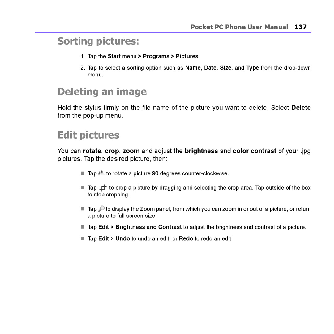 i-mate PM10A manual Sorting pictures, Deleting an image, Edit pictures 