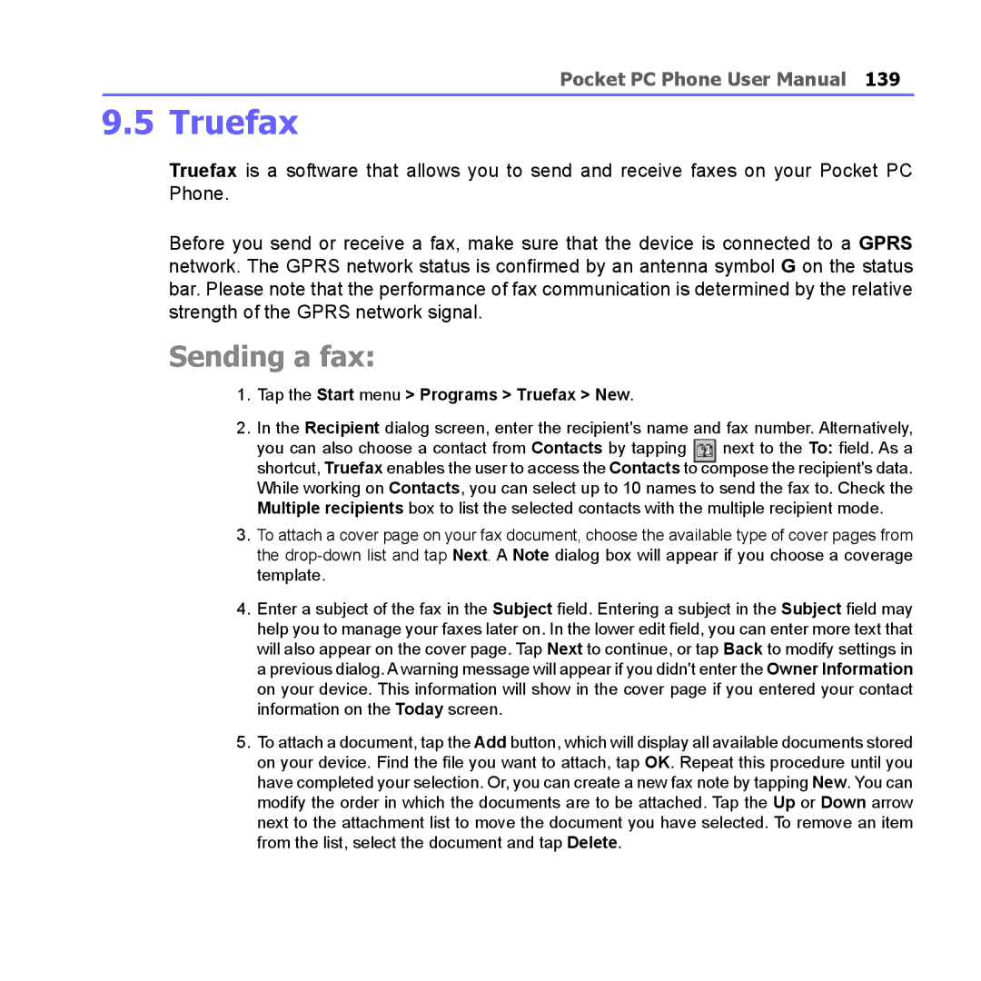 i-mate PM10A manual Sending a fax, Tap the Start menu Programs Truefax New 