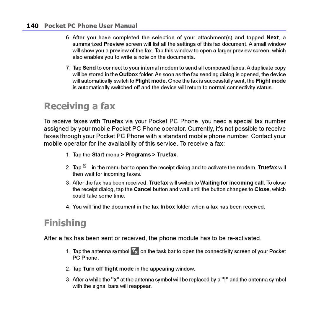 i-mate PM10A manual Receiving a fax, Finishing, Tap the Start menu Programs Truefax 