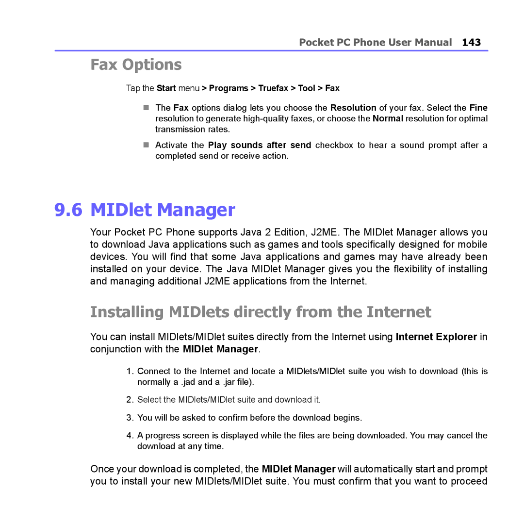 i-mate PM10A manual MIDlet Manager, Fax Options, Installing MIDlets directly from the Internet 