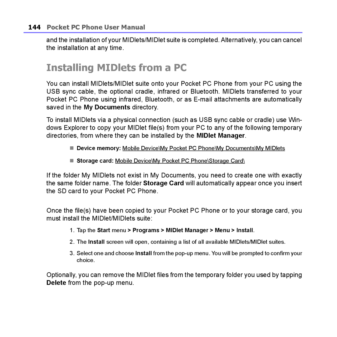 i-mate PM10A manual Installing MIDlets from a PC, Tap the Start menu Programs MIDlet Manager Menu Install 