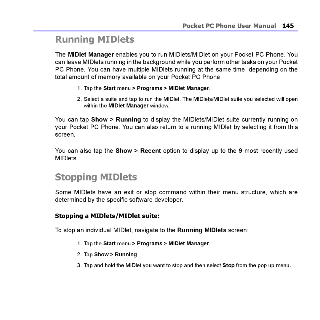 i-mate PM10A manual Running MIDlets, Stopping MIDlets, Tap the Start menu Programs MIDlet Manager 