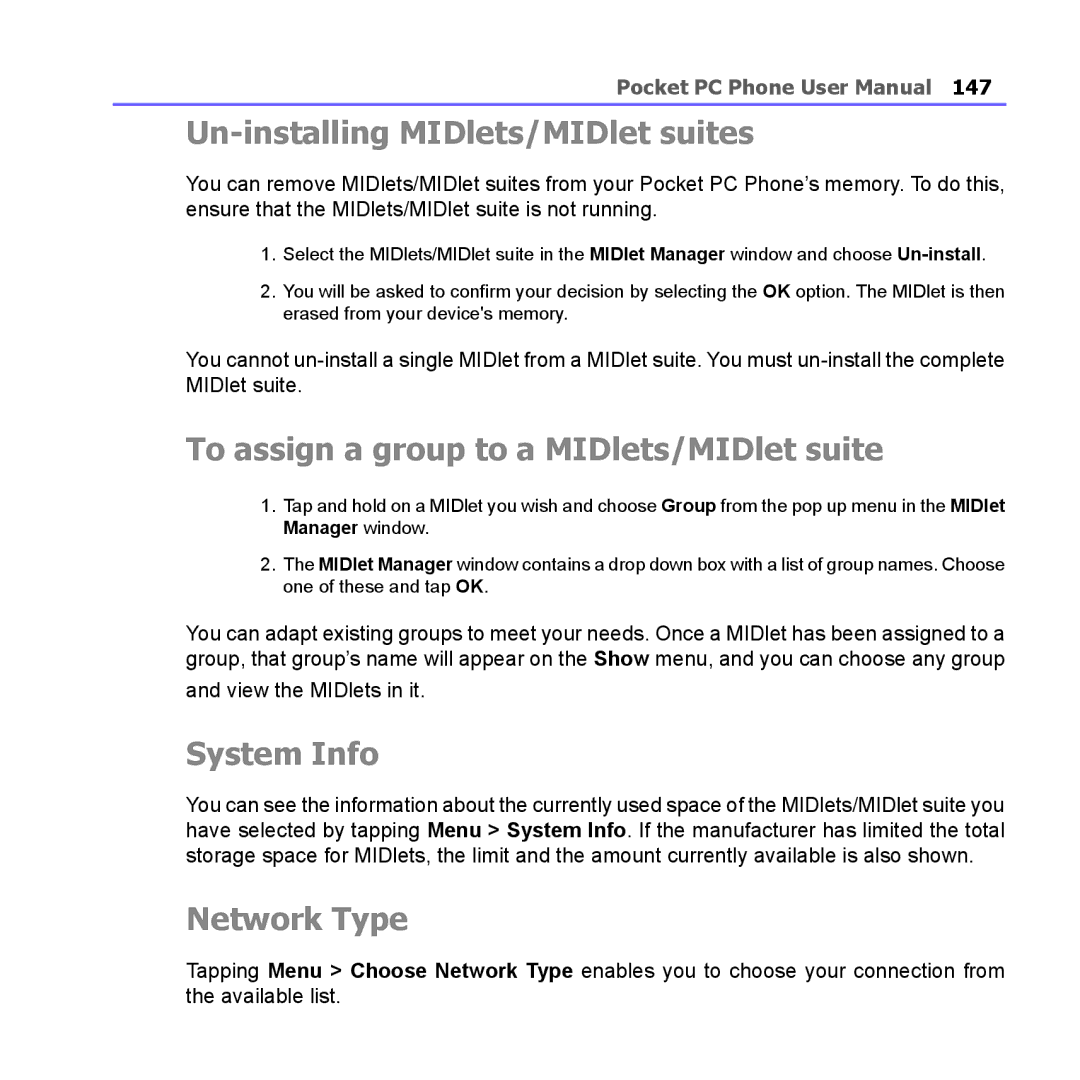 i-mate PM10A Un-installing MIDlets/MIDlet suites, To assign a group to a MIDlets/MIDlet suite, System Info, Network Type 