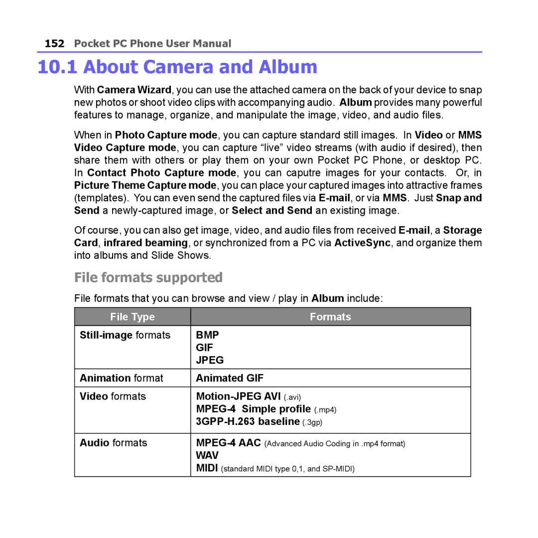 i-mate PM10A manual About Camera and Album, File formats supported, Still-image formats 