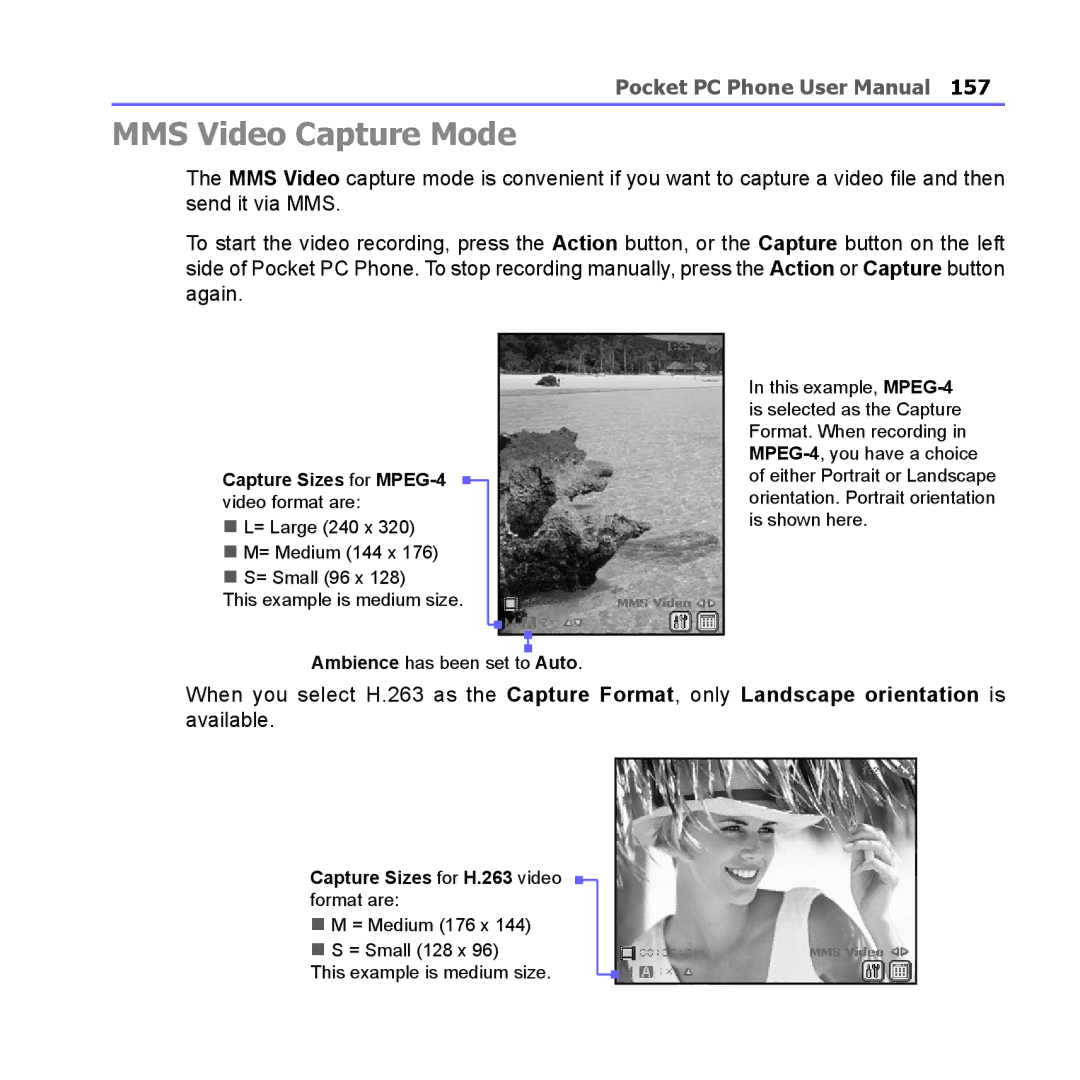 i-mate PM10A MMS Video Capture Mode, Capture Sizes for MPEG-4 video format are, Capture Sizes for H.263 video format are 