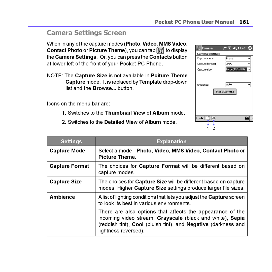 i-mate PM10A manual Camera Settings Screen, Capture Mode, Picture Theme Capture Format, Capture Size, Ambience 