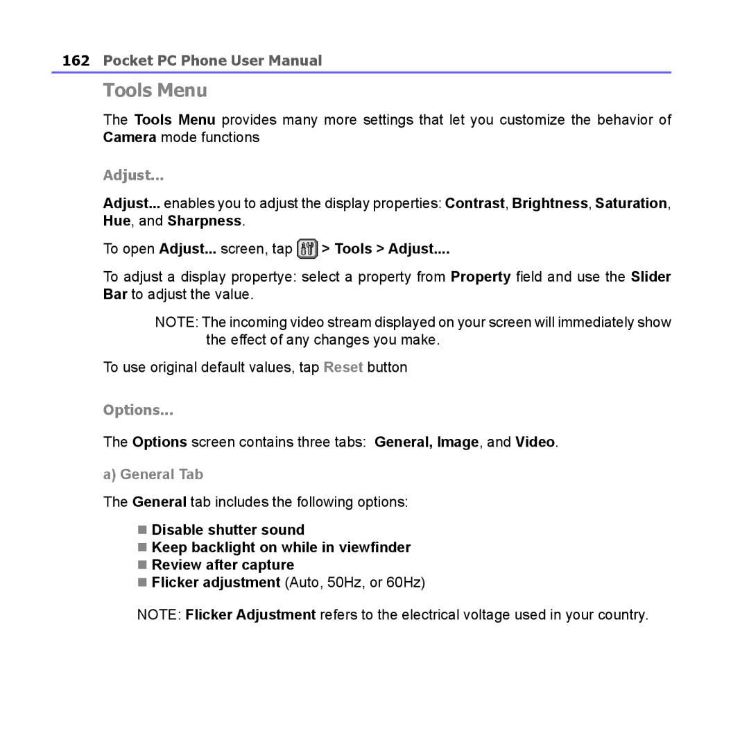 i-mate PM10A manual Tools Menu, Adjust 