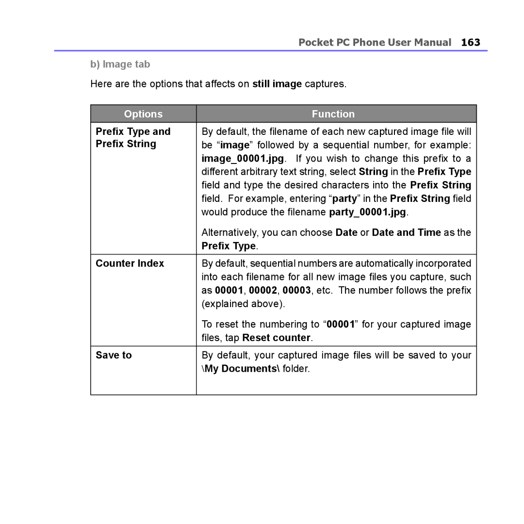 i-mate PM10A manual Prefix Type, Prefix String, Counter Index, Files, tap Reset counter, Save to, My Documents\ folder 