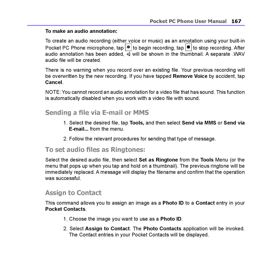 i-mate PM10A manual Sending a file via E-mail or MMS, To set audio files as Ringtones, Assign to Contact 