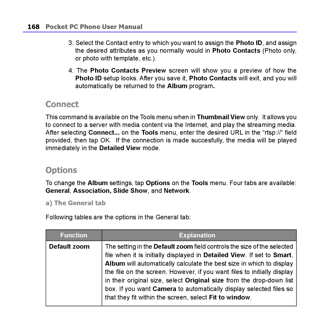 i-mate PM10A manual Connect, Options, Default zoom 