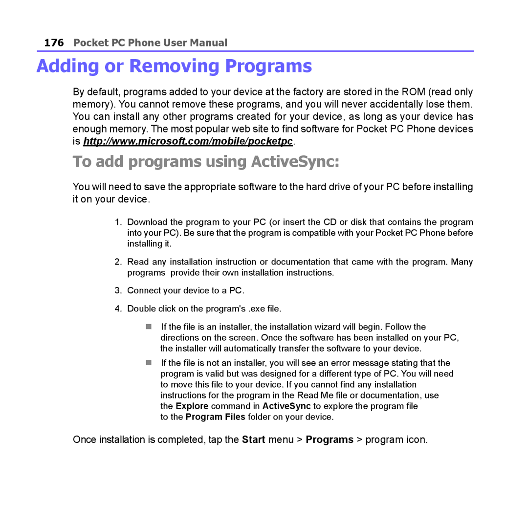 i-mate PM10A manual Adding or Removing Programs, To add programs using ActiveSync 