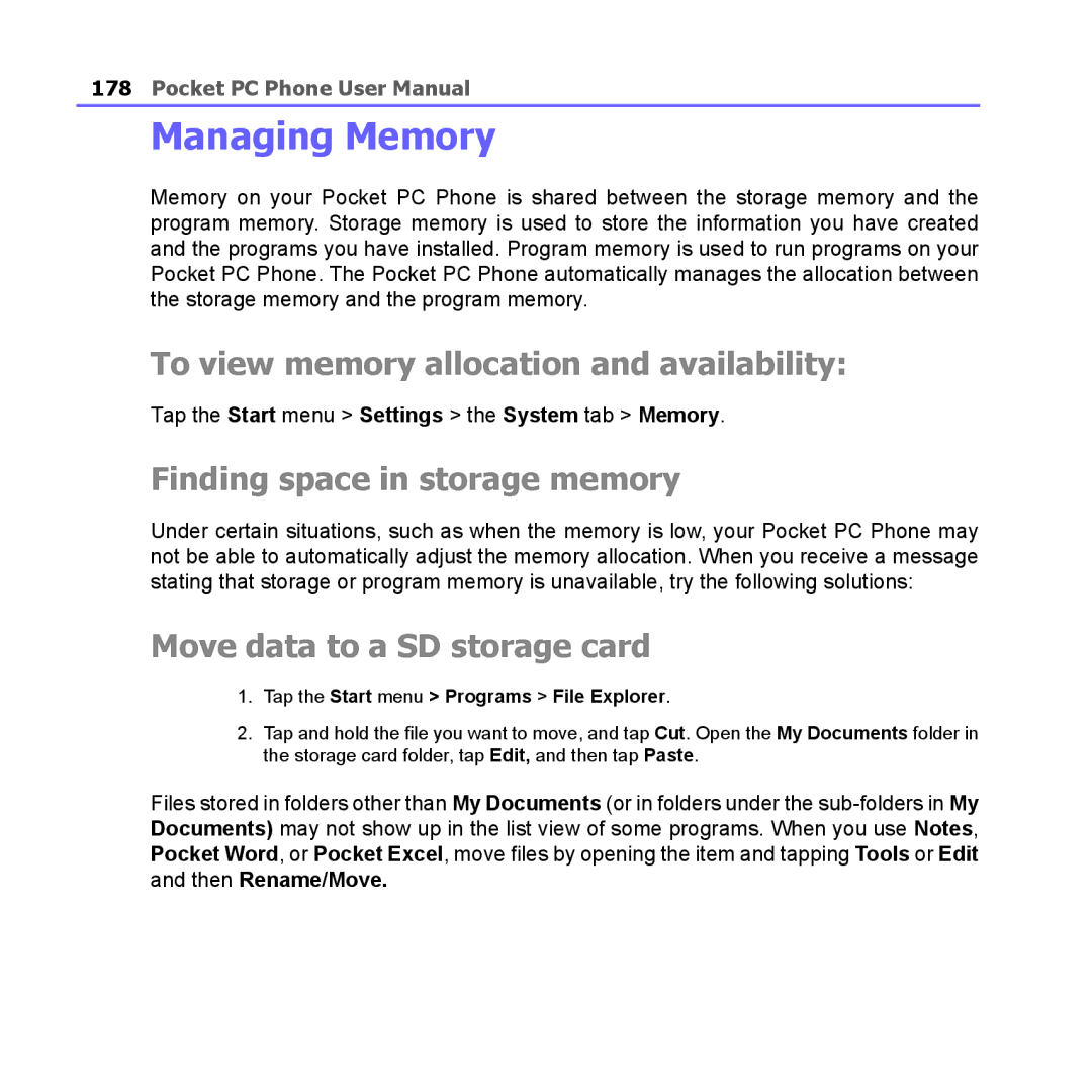 i-mate PM10A manual Managing Memory, To view memory allocation and availability, Finding space in storage memory 