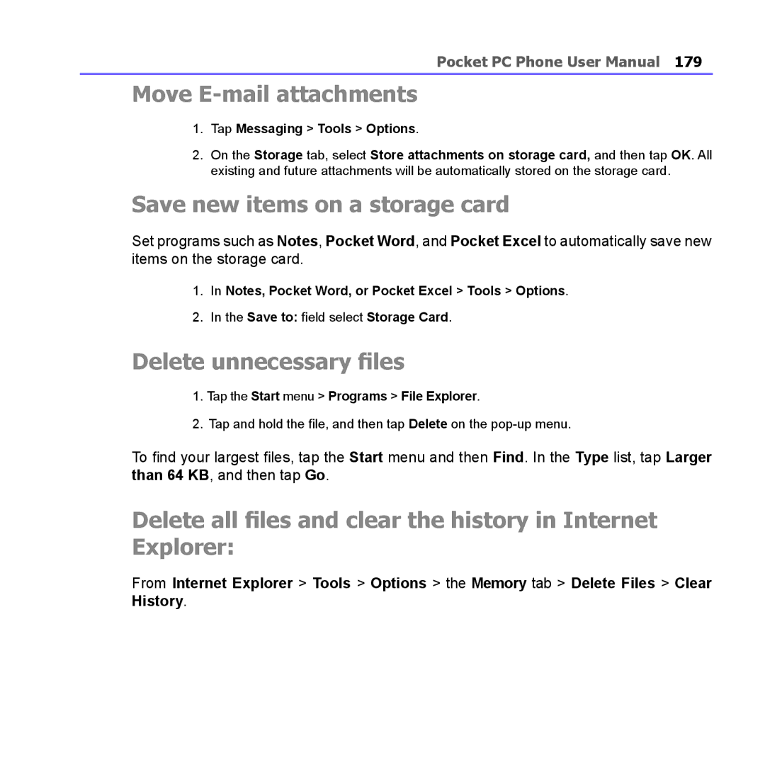 i-mate PM10A manual Move E-mail attachments, Save new items on a storage card, Delete unnecessary files 