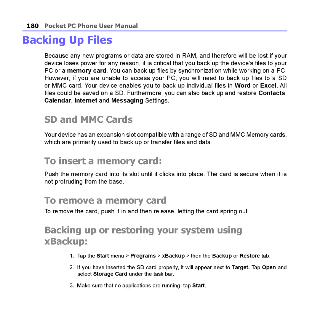 i-mate PM10A manual Backing Up Files, SD and MMC Cards, To insert a memory card, To remove a memory card 