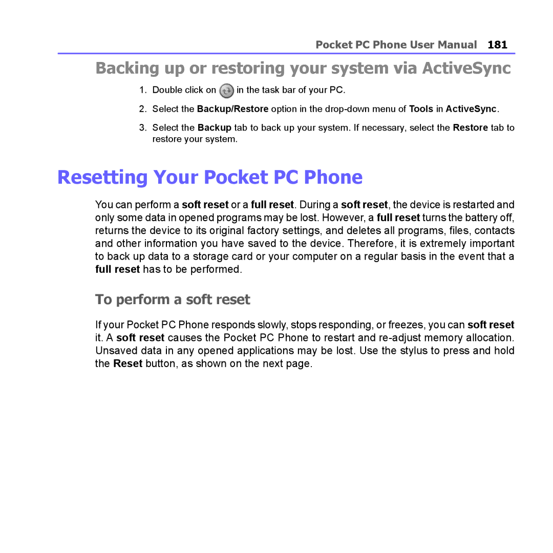 i-mate PM10A Resetting Your Pocket PC Phone, Backing up or restoring your system via ActiveSync, To perform a soft reset 