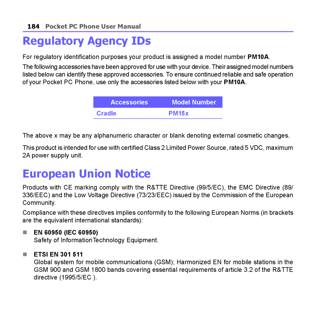 i-mate PM10A manual Regulatory Agency IDs, European Union Notice, EN 60950 IEC, Etsi EN 301 