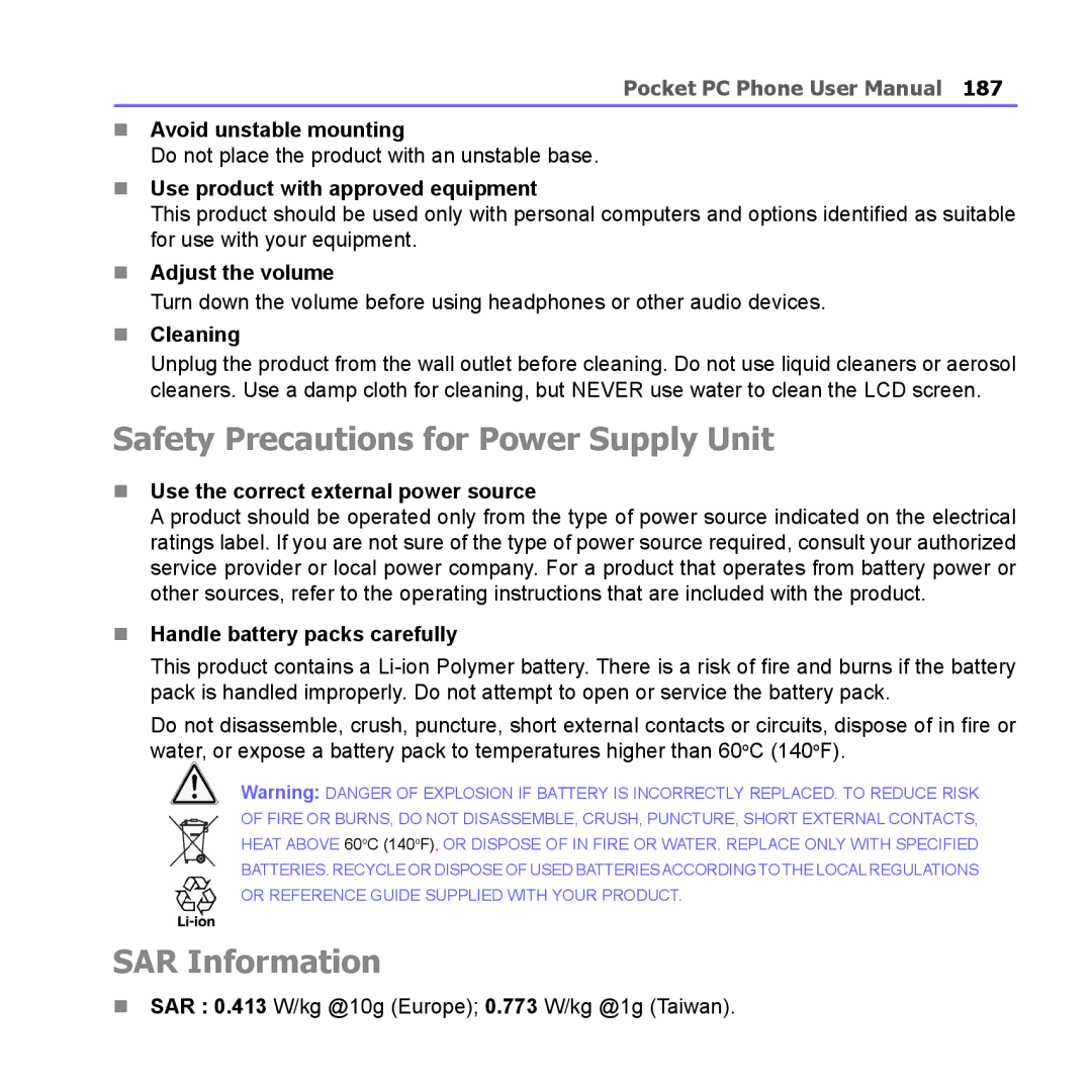 i-mate PM10A manual Safety Precautions for Power Supply Unit, SAR Information 