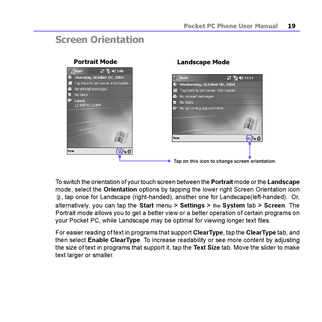 i-mate PM10A manual Screen Orientation, Portrait Mode Landscape Mode 