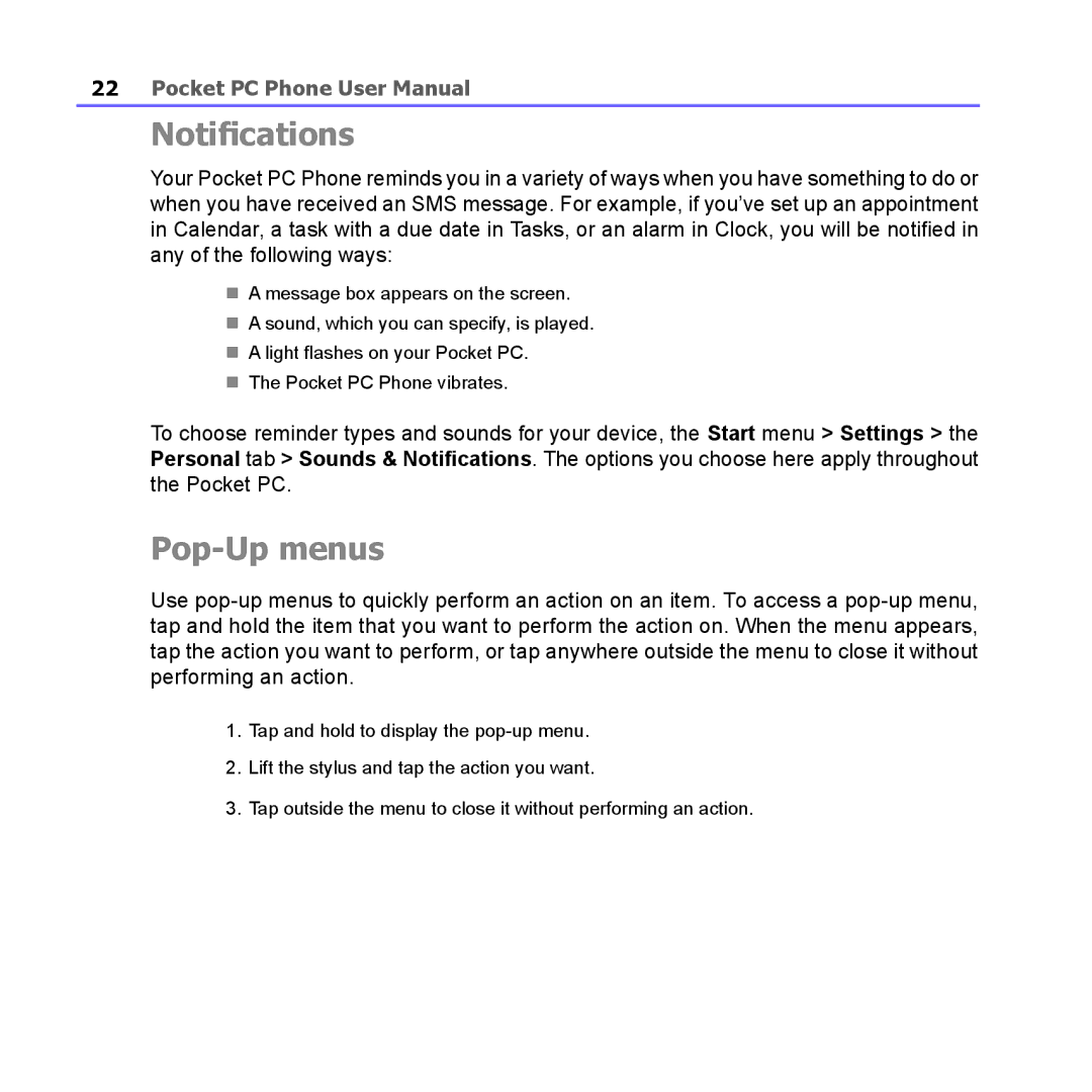 i-mate PM10A manual Notifications, Pop-Up menus 